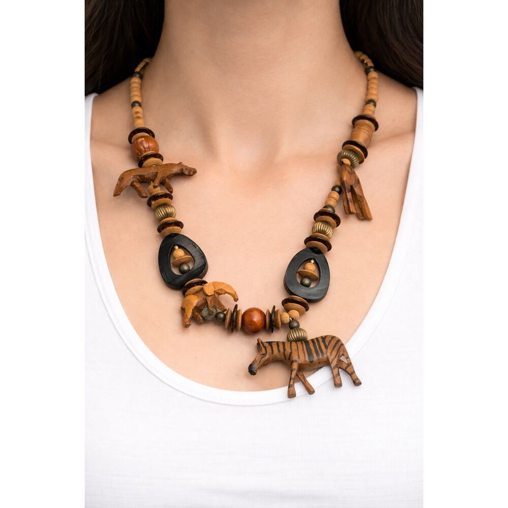 Vintage Hand Carved Wood Animal Necklace Zebra Elephant Beaded Statement
